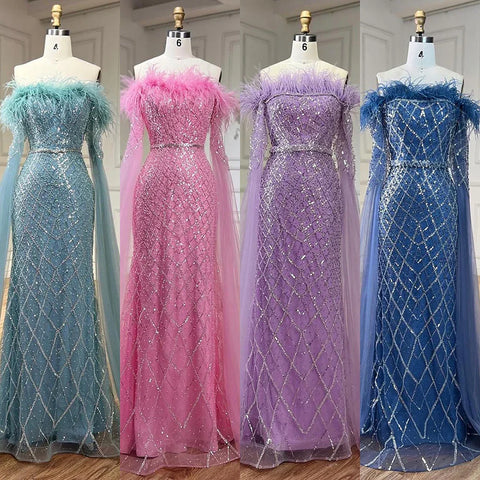 Elegant Cape Sleeves Mermaid Evening Dresses Gowns Luxury Feathers Beaded 2025 For Women Wedding Party LA72169B