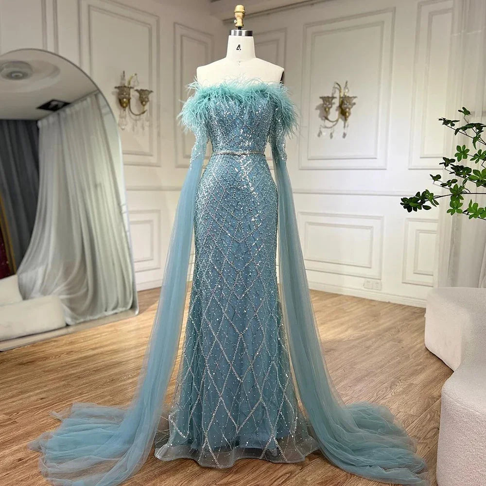 Elegant Cape Sleeves Mermaid Evening Dresses Gowns Luxury Feathers Beaded 2025 For Women Wedding Party LA72169B