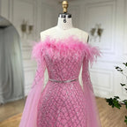 Elegant Cape Sleeves Mermaid Evening Dresses Gowns Luxury Feathers Beaded 2025 For Women Wedding Party LA72169B