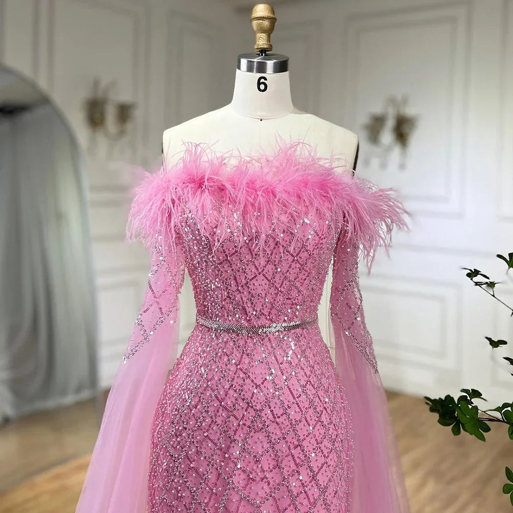 Elegant Cape Sleeves Mermaid Evening Dresses Gowns Luxury Feathers Beaded 2025 For Women Wedding Party LA72169B