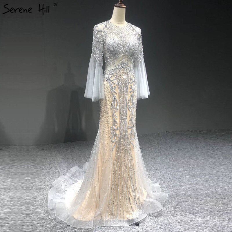 Elegant Grey Mermaid Luxury Long Sleeves 2025 Beading Party Wear Fromal Evening  Dress Gowns For  Women LA70289