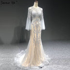 Elegant Grey Mermaid Luxury Long Sleeves 2025 Beading Party Wear Fromal Evening  Dress Gowns For  Women LA70289