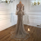 Elegant Grey Mermaid Luxury Long Sleeves 2025 Beading Party Wear Fromal Evening  Dress Gowns For  Women LA70289