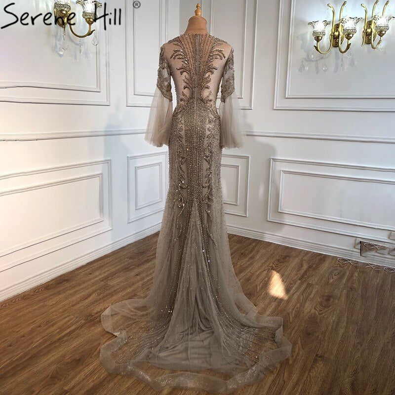 Elegant Grey Mermaid Luxury Long Sleeves 2025 Beading Party Wear Fromal Evening  Dress Gowns For  Women LA70289
