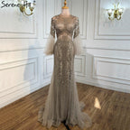 Elegant Grey Mermaid Luxury Long Sleeves 2025 Beading Party Wear Fromal Evening  Dress Gowns For  Women LA70289