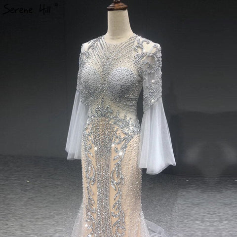 Elegant Grey Mermaid Luxury Long Sleeves 2025 Beading Party Wear Fromal Evening  Dress Gowns For  Women LA70289