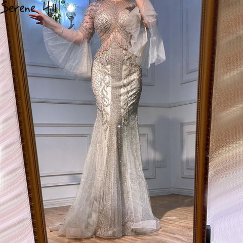 Elegant Grey Mermaid Luxury Long Sleeves 2025 Beading Party Wear Fromal Evening  Dress Gowns For  Women LA70289