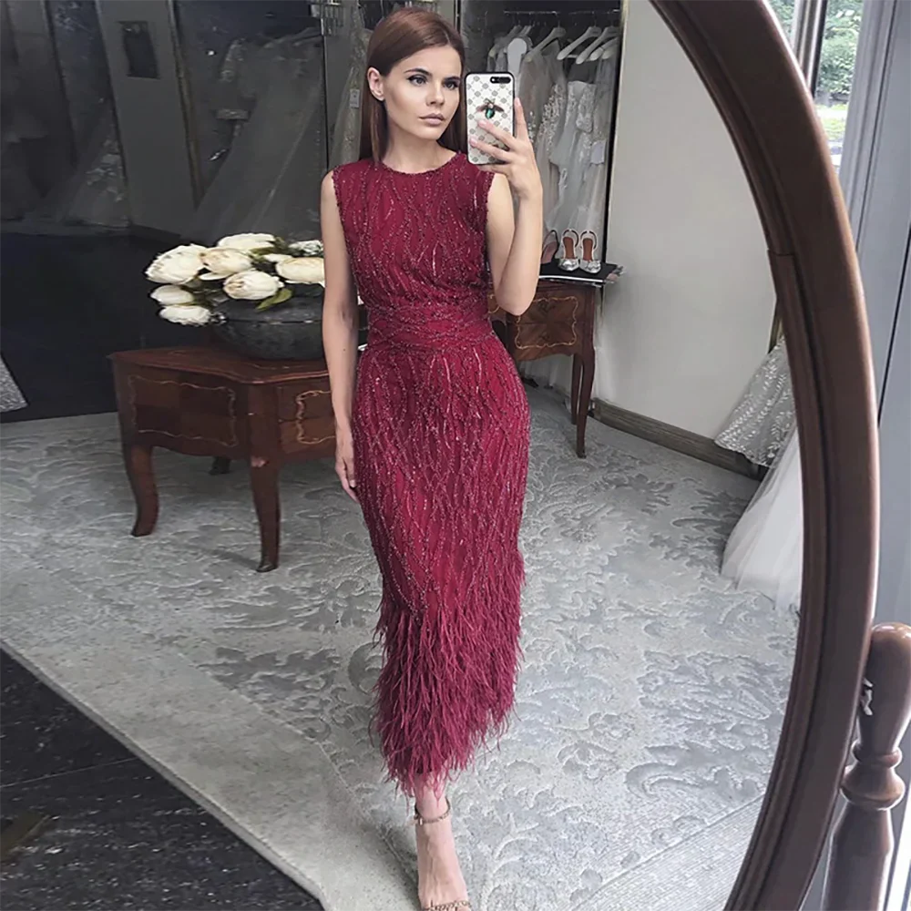 Elegant Black & White Feather  Midi  Evening Dresses  LA72076