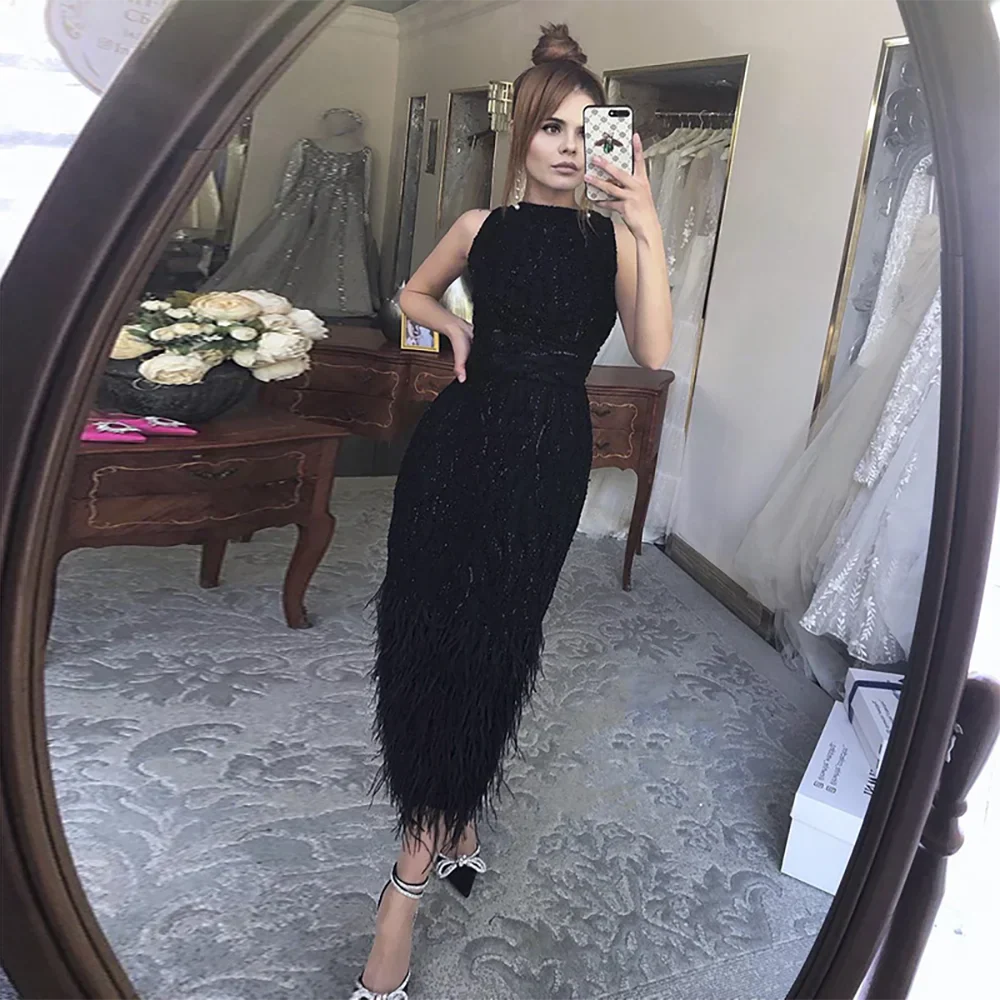 Elegant Black & White Feather  Midi  Evening Dresses  LA72076