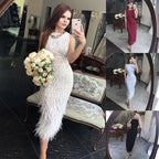 Elegant Black & White Feather  Midi  Evening Dresses  LA72076