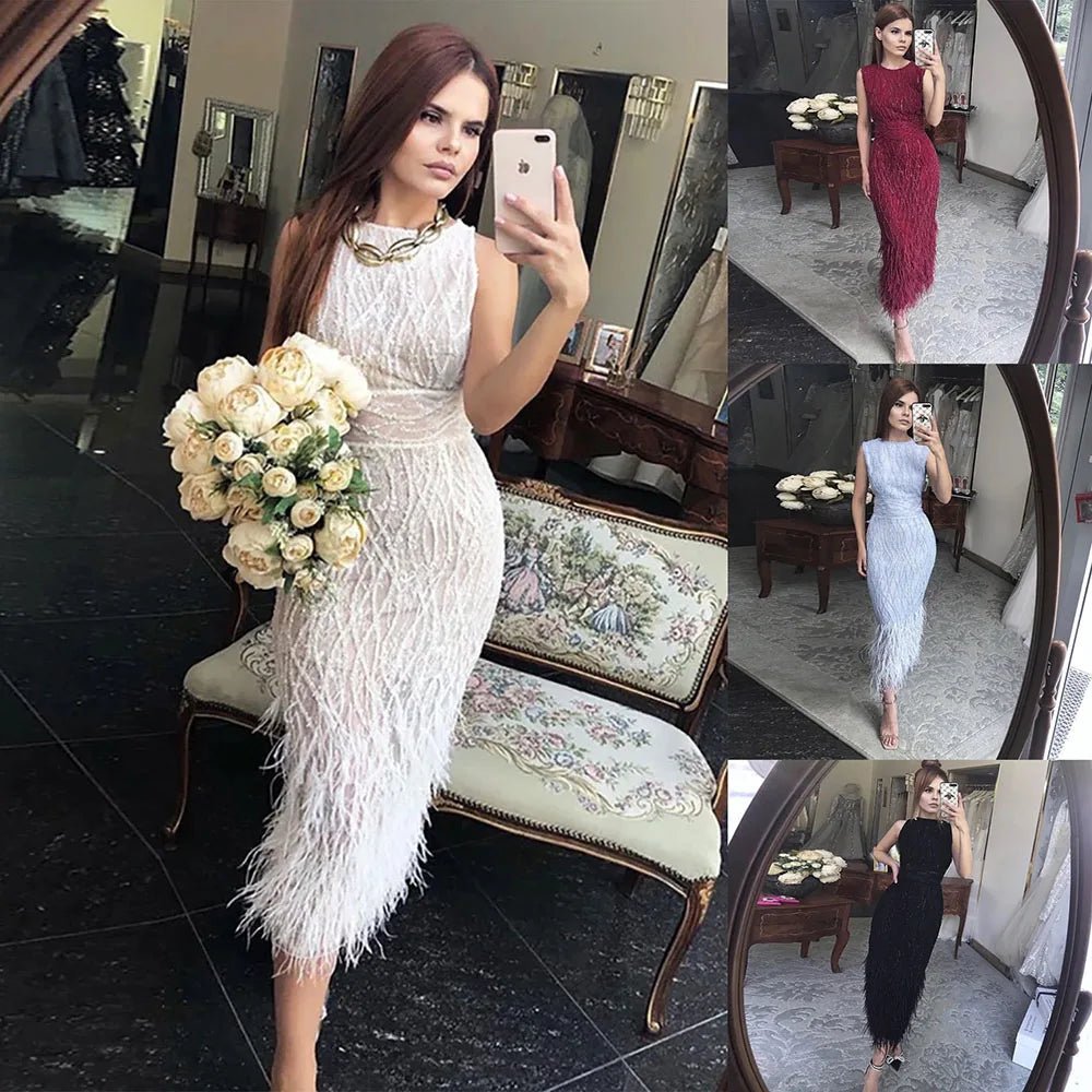 Elegant Black & White Feather  Midi  Evening Dresses  LA72076