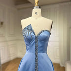 Elegant Blue Satin Arabic Evening Dress Luxury Crystal Side Slit LA71847