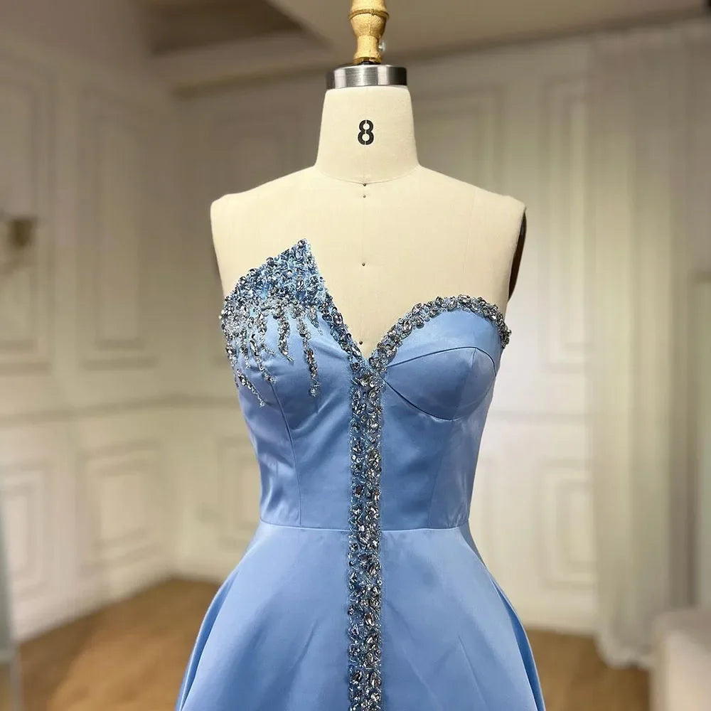 Elegant Blue Satin Arabic Evening Dress Luxury Crystal Side Slit LA71847