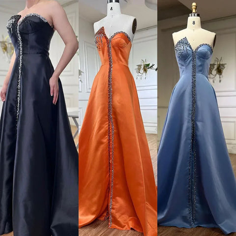 Robe de soirée élégante en satin bleu, style arabe, luxueuse, fendue sur le côté avec cristaux, LA71847 