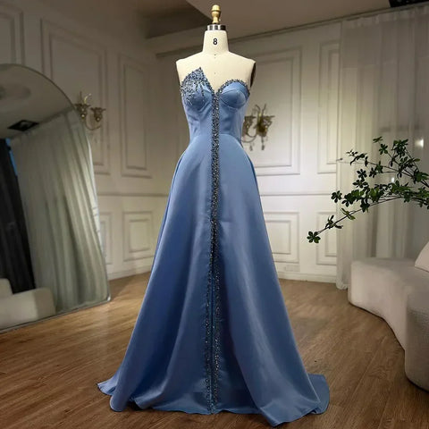 Robe de soirée élégante en satin bleu, style arabe, luxueuse, fendue sur le côté avec cristaux, LA71847 