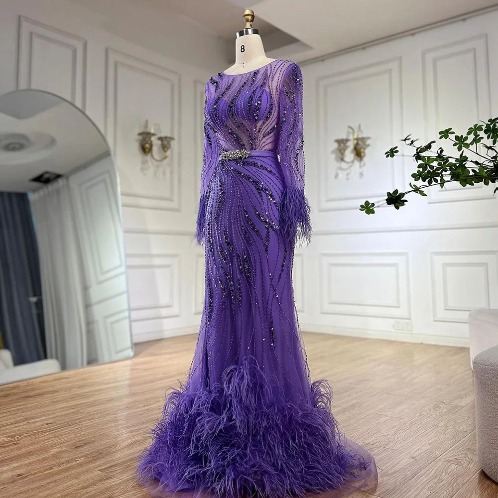 Elegant Mermaid Evening Dress Arabic Purple Beaded Feathers | Luxury Gown for Women's Wedding Party 2025 LA72367