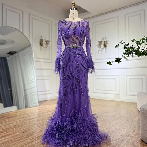 Elegant Mermaid Evening Dress Arabic Purple Beaded Feathers | Luxury Gown for Women's Wedding Party 2025 LA72367