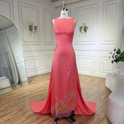 Elegant Coral Pink Butterfly Beaded Evening Dress LA72497