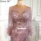 Evening Dress Long  Wine Red  Mermaid Dress  Beaded Feathers With Cloak Party Gown Women Party  LA70827
