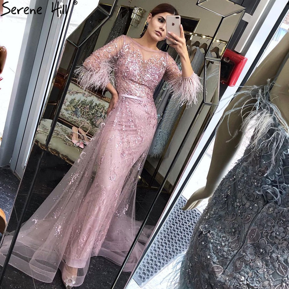 Evening Dress Long  Wine Red  Mermaid Dress  Beaded Feathers With Cloak Party Gown Women Party  LA70827