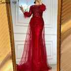 Evening Dress Long  Wine Red  Mermaid Dress  Beaded Feathers With Cloak Party Gown Women Party  LA70827