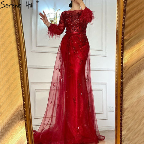 Evening Dress Long  Wine Red  Mermaid Dress  Beaded Feathers With Cloak Party Gown Women Party  LA70827