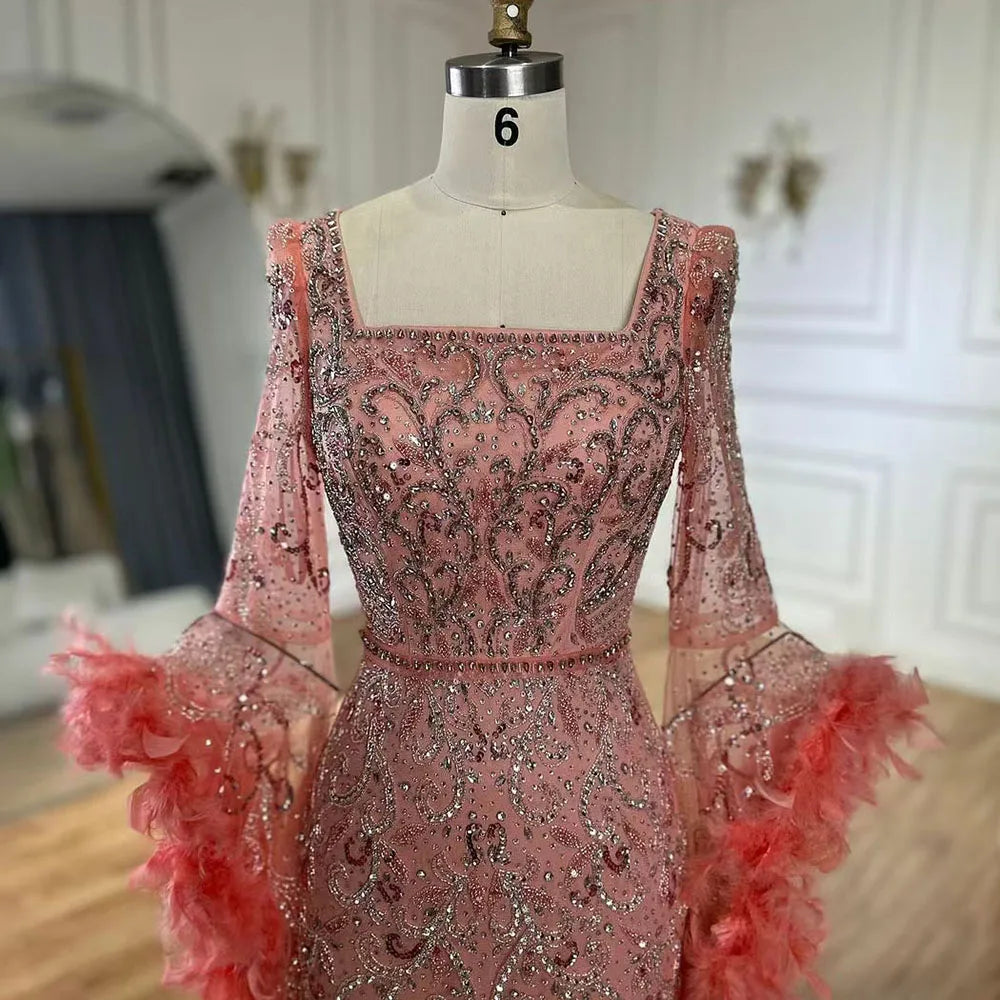 Flared Sleeves Mermaid Turquoise Beaded Feather Luxury Evening Dresses Gowns for Formal Occasion 2025 LA72767