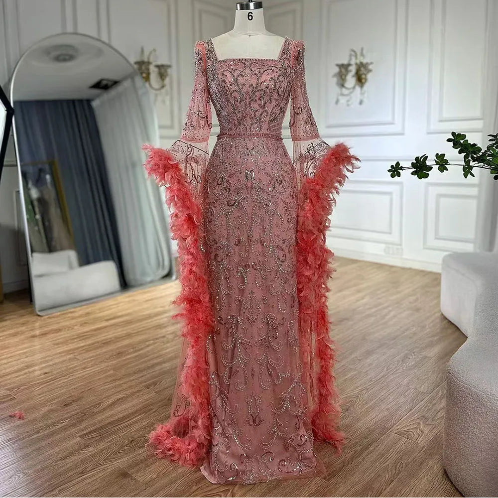 Flared Sleeves Mermaid Turquoise Beaded Feather Luxury Evening Dresses Gowns for Formal Occasion 2025 LA72767