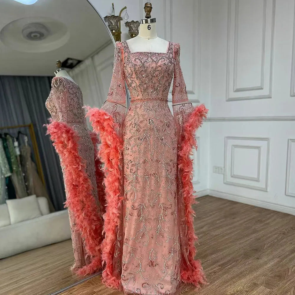 Flared Sleeves Mermaid Turquoise Beaded Feather Luxury Evening Dresses Gowns for Formal Occasion 2025 LA72767