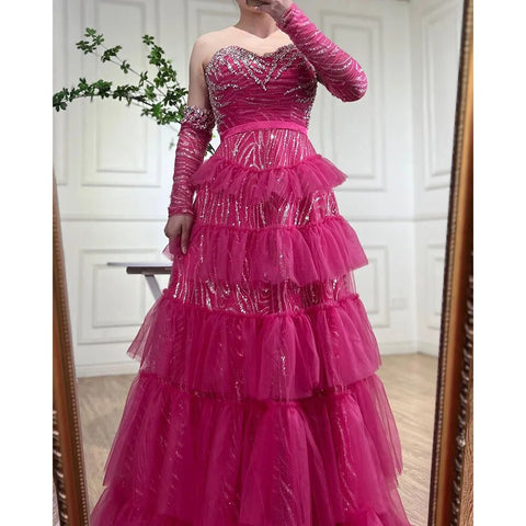 Fuchsia A Line Elegant Sweetheart Off Shoulder Tiered Beaded Evening Dresses Prom Gowns For Women Party 2025 LA72035