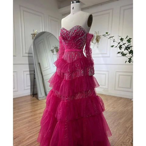 Fuchsia A Line Elegant Sweetheart Off Shoulder Tiered Beaded Evening Dresses Prom Gowns For Women Party 2025 LA72035