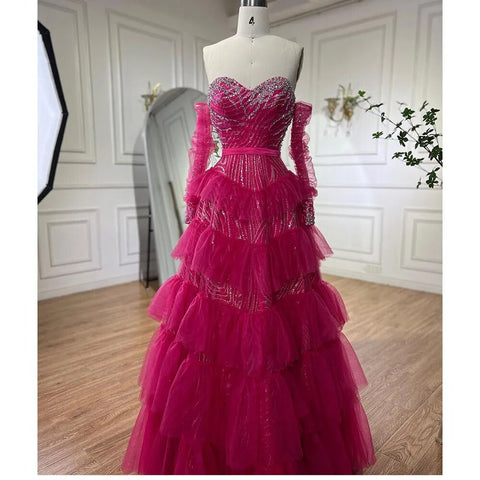 Fuchsia A Line Elegant Sweetheart Off Shoulder Tiered Beaded Evening Dresses Prom Gowns For Women Party 2025 LA72035