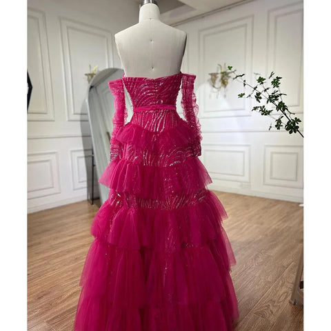 Fuchsia A Line Elegant Sweetheart Off Shoulder Tiered Beaded Evening Dresses Prom Gowns For Women Party 2025 LA72035