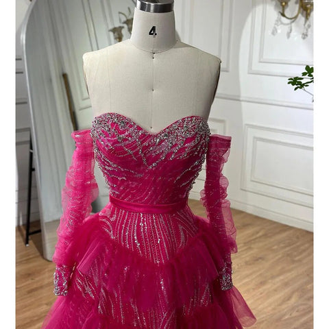 Fuchsia A Line Elegant Sweetheart Off Shoulder Tiered Beaded Evening Dresses Prom Gowns For Women Party 2025 LA72035