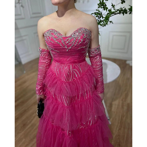Fuchsia A Line Elegant Sweetheart Off Shoulder Tiered Beaded Evening Dresses Prom Gowns For Women Party 2025 LA72035