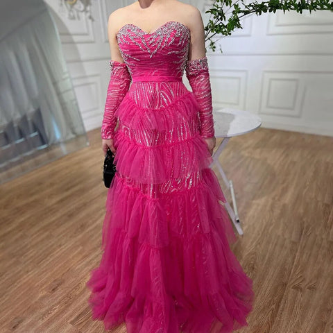 Fuchsia A Line Elegant Sweetheart Off Shoulder Tiered Beaded Evening Dresses Prom Gowns For Women Party 2025 LA72035