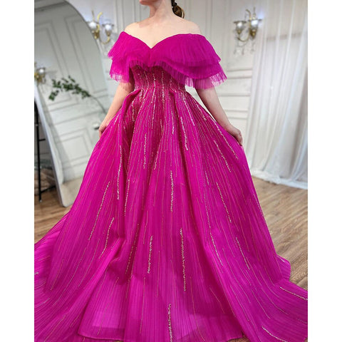 Fuchsia A-Line Luxury Evening Dresses Gowns 2025 Boat Neck Beaded For Women Party LA72162A