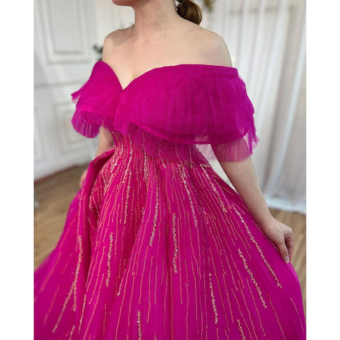 Fuchsia A-Line Luxury Evening Dresses Gowns 2025 Boat Neck Beaded For Women Party LA72162A