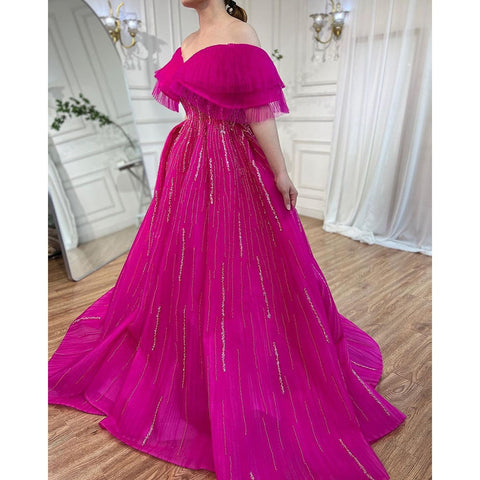 Fuchsia A-Line Luxury Evening Dresses Gowns 2025 Boat Neck Beaded For Women Party LA72162A