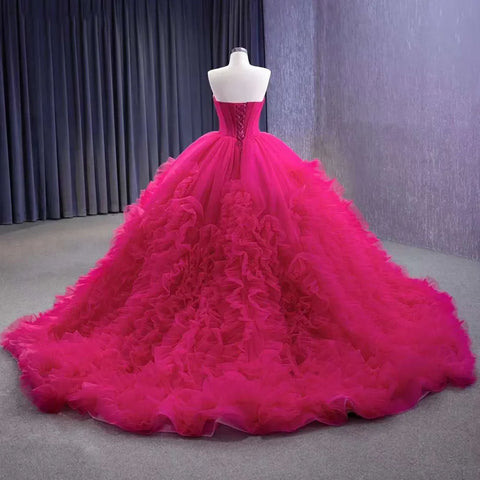 Fuchsia Elegant Boat Neck Lace Up Pearls Beaded Luxury Bride Gowns Wedding Dress 2025 High End Custom Made HM231108