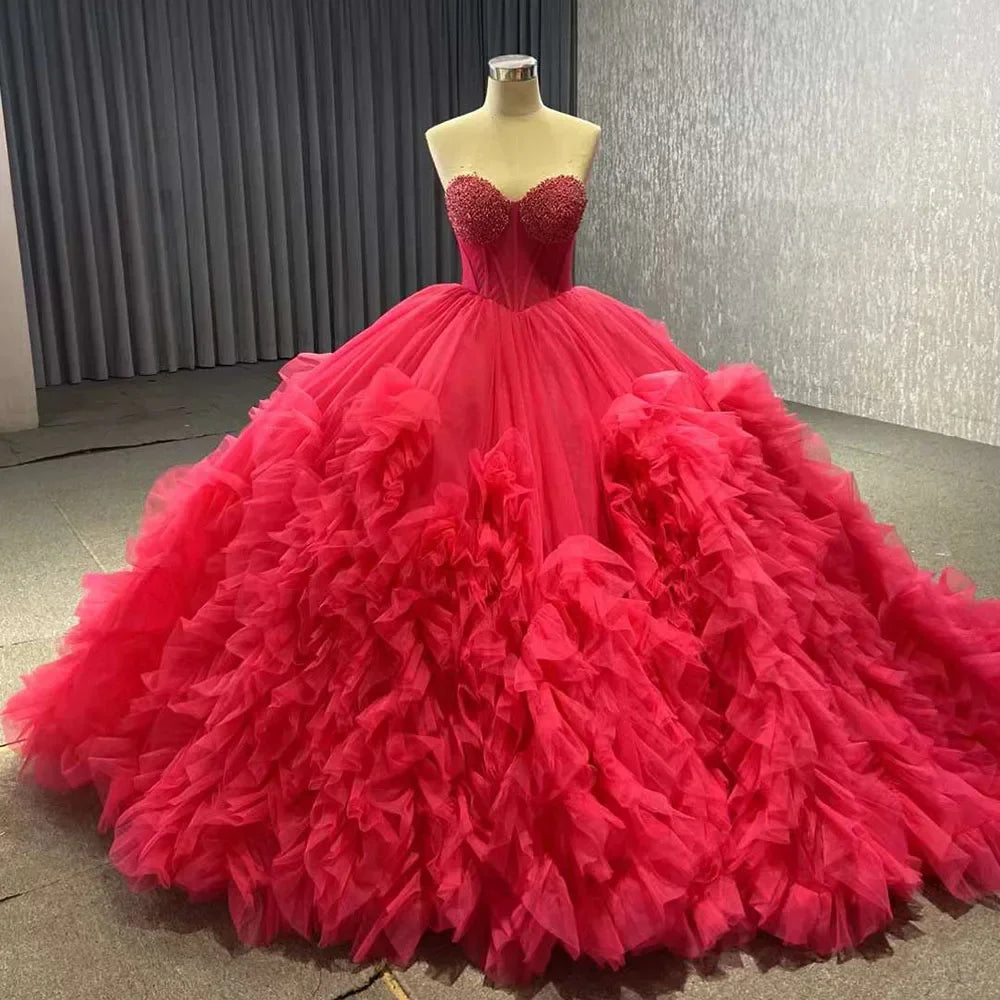 Fuchsia Elegant Boat Neck Lace Up Pearls Beaded Luxury Bride Gowns Wedding Dress 2025 High End Custom Made HM231108