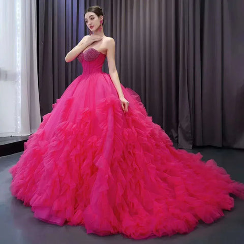 Fuchsia Elegant Boat Neck Lace Up Pearls Beaded Luxury Bride Gowns Wedding Dress 2025 High End Custom Made HM231108