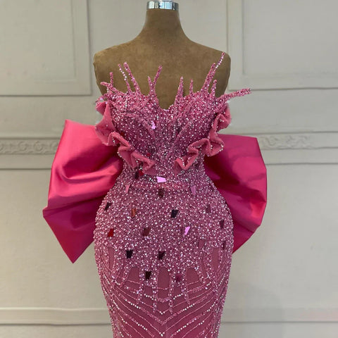 Fuchsia Elegant Mermaid Pearls Beaded Evening Dresses 2025 Luxury Dubai Formal Gowns for Women Party 2025 LA72263