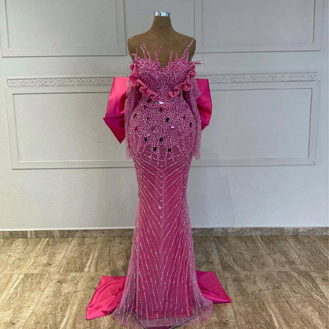 Fuchsia Elegant Mermaid Pearls Beaded Evening Dresses 2025 Luxury Dubai Formal Gowns for Women Party 2025 LA72263