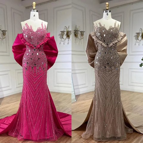 Fuchsia Elegant Mermaid Pearls Beaded Evening Dresses 2025 Luxury Dubai Formal Gowns for Women Party 2025 LA72263