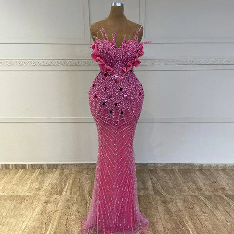 Fuchsia Elegant Mermaid Pearls Beaded Evening Dresses 2025 Luxury Dubai Formal Gowns for Women Party 2025 LA72263