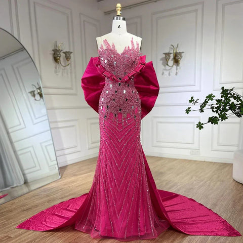 Fuchsia Elegant Mermaid Pearls Beaded Evening Dresses 2025 Luxury Dubai Formal Gowns for Women Party 2025 LA72263