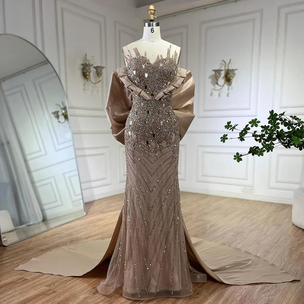 Fuchsia Elegant Mermaid Pearls Beaded Evening Dresses 2025 Luxury Dubai Formal Gowns for Women Party 2025 LA72263