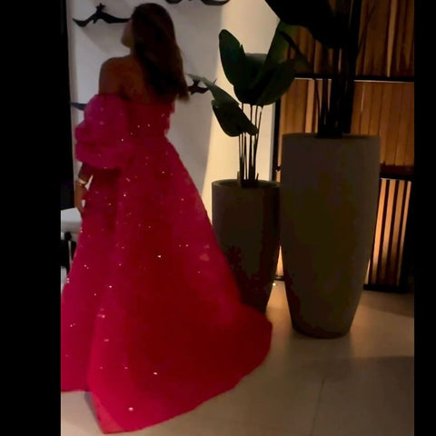 Fuchsia Elegant Strapless A Line  Sparkly Puff Sleeves Crystal Beaded Evening Dresses Gowns For Women Party LA72127