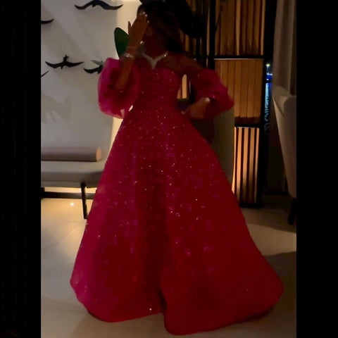 Fuchsia Elegant Strapless A Line  Sparkly Puff Sleeves Crystal Beaded Evening Dresses Gowns For Women Party LA72127